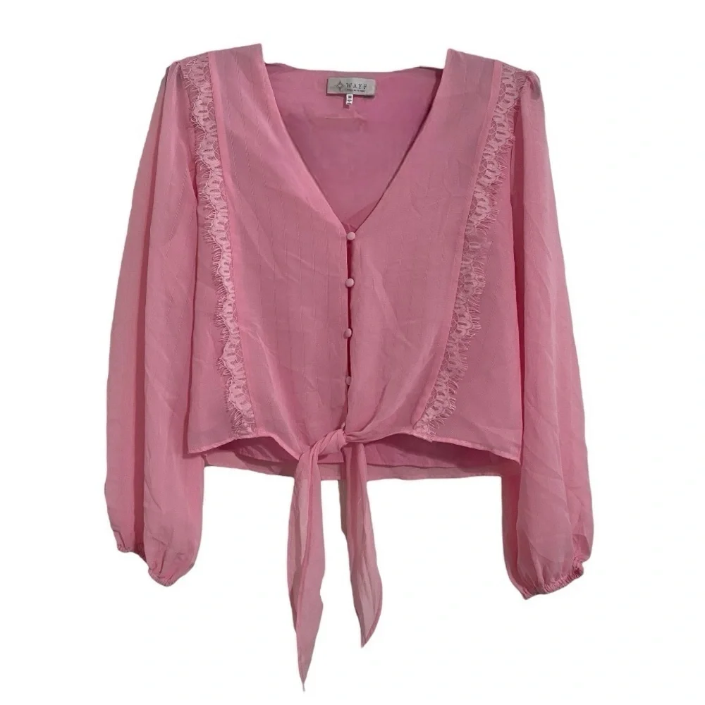 WAYF Pink Lace Trim Knotted Long Sleeve Blouse I Size: M - Picture 2 of 13